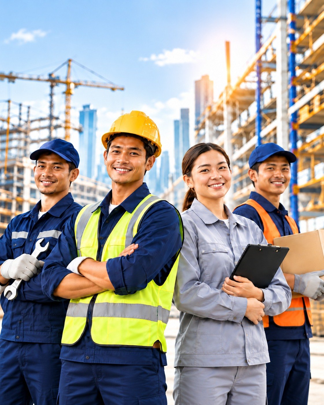Workers in safety gear at a construction site